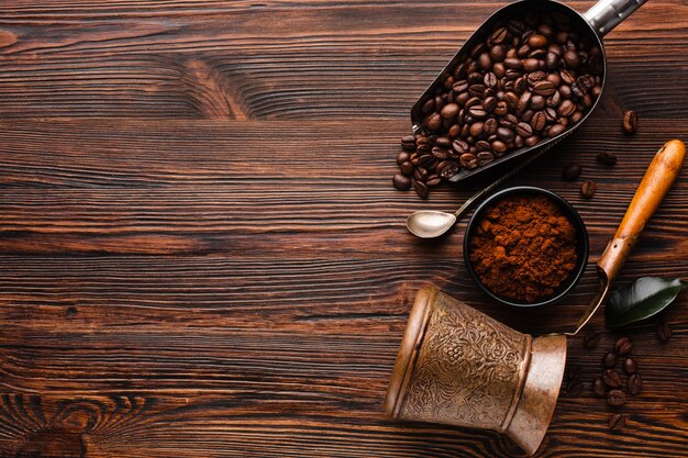 top view coffee accessories on the table