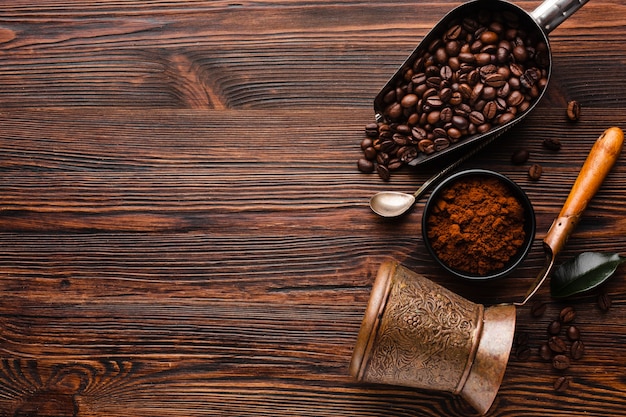 Top view coffee accessories on the table