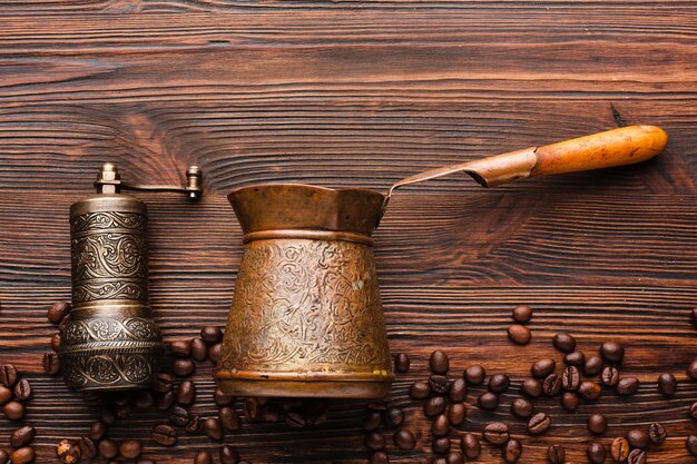 Top view coffee accessories on the table