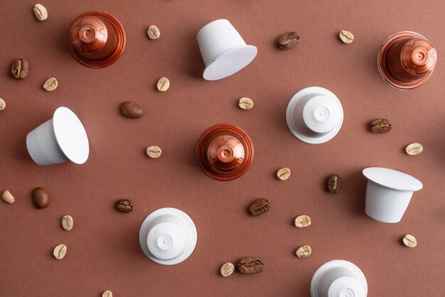 Top view coffee beans and coffee capsules