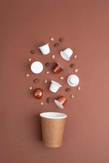 Top view coffee beans and coffee capsules