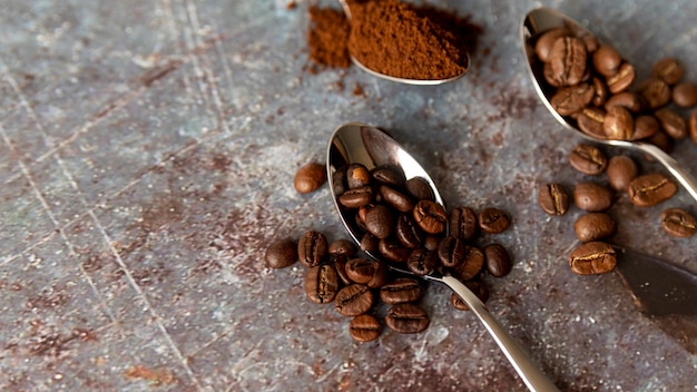 Top view coffee beans on marble surface