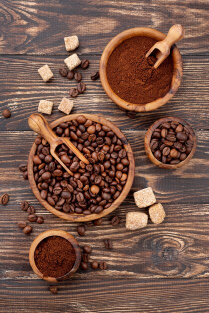 Top view of coffee concept on wooden table