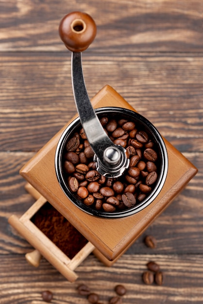 Top view of coffee concept on wooden table