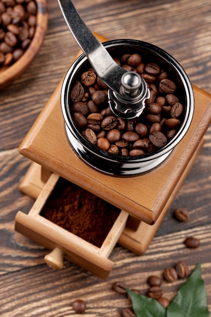 Top view of coffee concept on wooden table