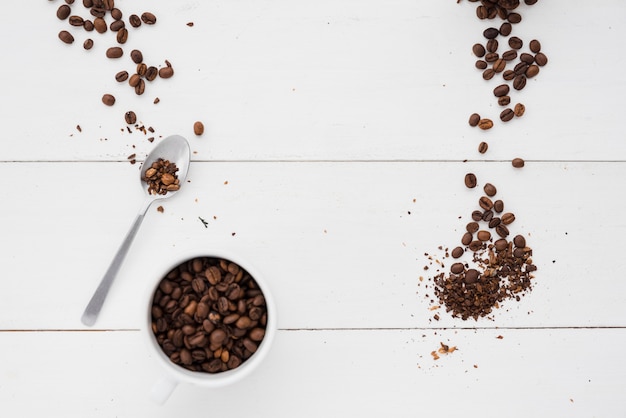 Top view coffee cup with grains