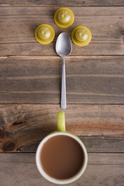 Top view coffee cup with spoon