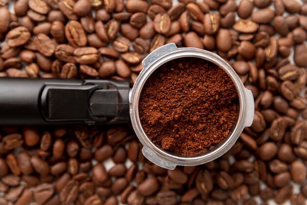 Top view of coffee powder and beans