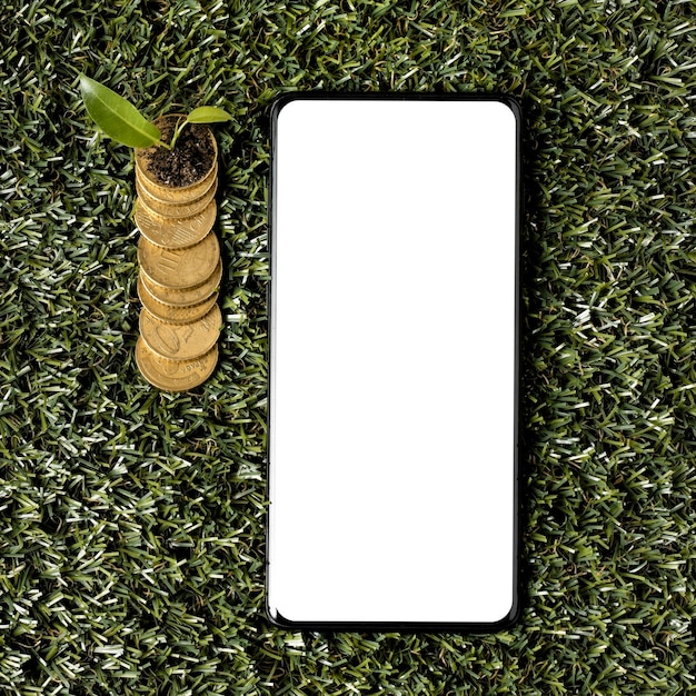 Free photo top view of coins on grass with smartphone and plant