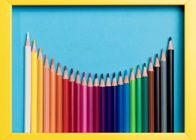 Top view collection of colourful pencils