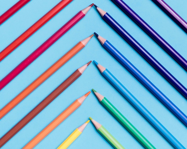 Top view collection of colourful pencils