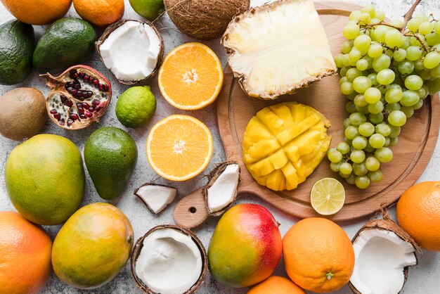 Top view collection of exotic fruits ready to be served