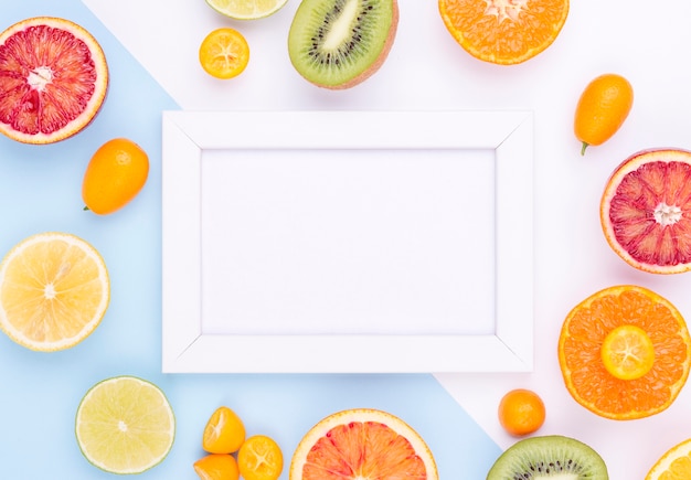 Top view collection of fresh fruits with frame