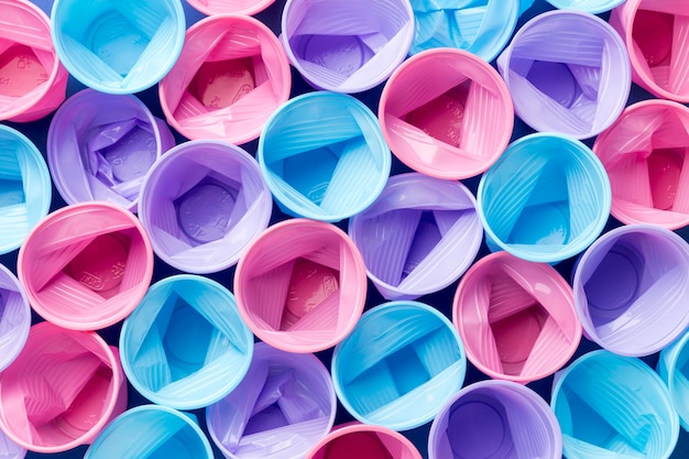 Top view collection of plastic cups on the table