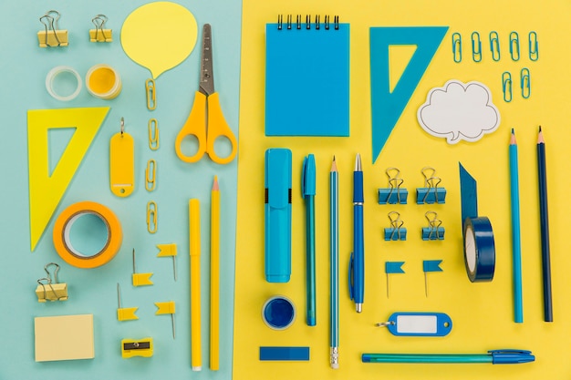 Top view collection of stationery supplies  on the table