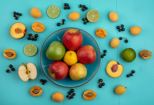 Top view of colored apples in a plate with apricots lime and black currants on a light blue surface