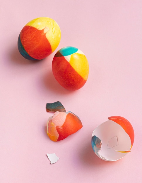 Top view of colored eggs for easter with shells