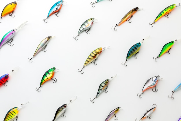 Top view of colorful assortment of fish bait