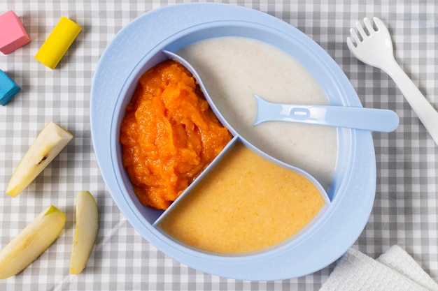 Foto gratuita alimenti per bambini colorati vista dall'alto