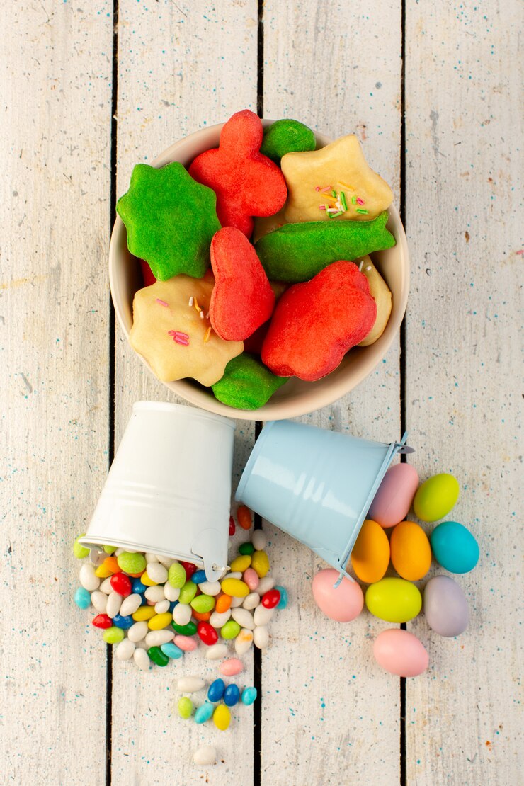 Free Photo top view of colorful delicious cookies different formed multicolored inside plate with candies