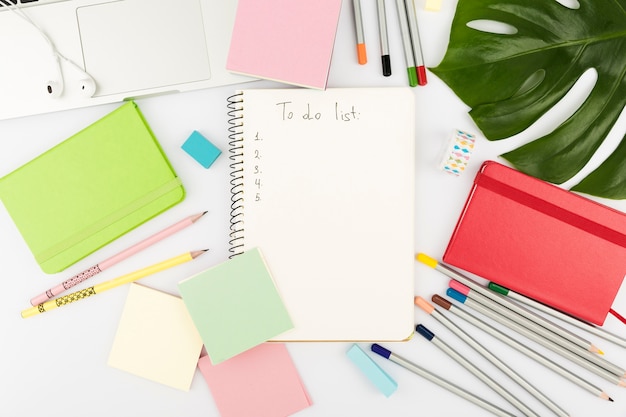 Top view of colorful desk concept