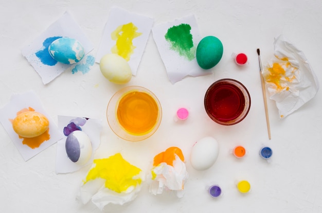 Top view of colorful eggs for easter