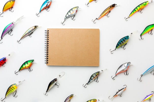 Top view of colorful fish bait with notebook