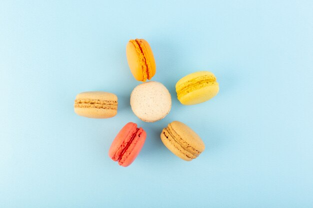 A top view colorful french macarons