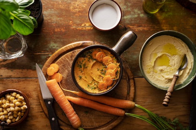 Top view over colorful hummus