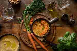 Free photo top view over colorful hummus