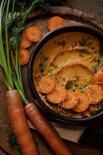 Top view over colorful hummus