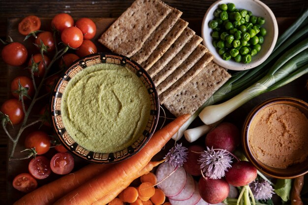 Top view over colorful hummus