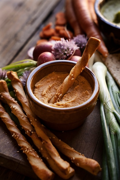 Top view over colorful hummus