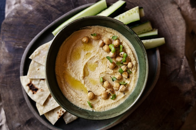 Top view over colorful hummus