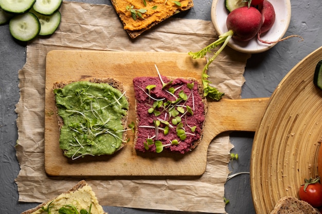 Top view over colorful hummus