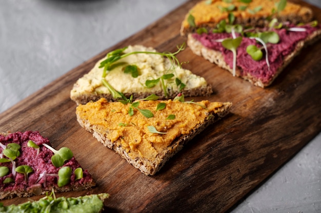 Top view over colorful hummus