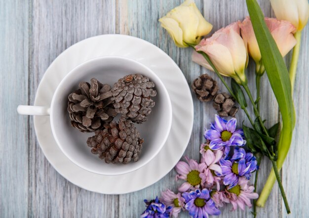 Top view of colorful lovely daisy flowers with pine cones on a bowl on a gray wooden background