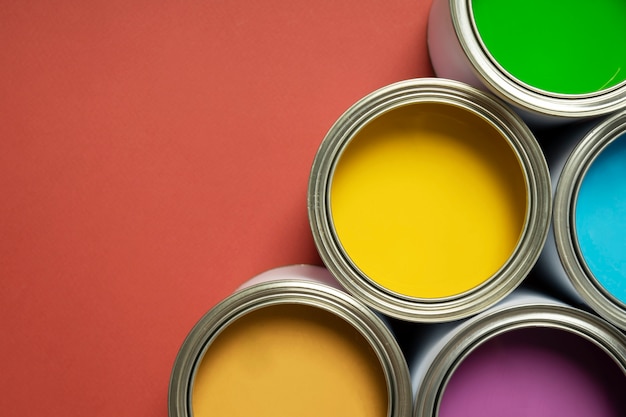 Top view colorful paint cans