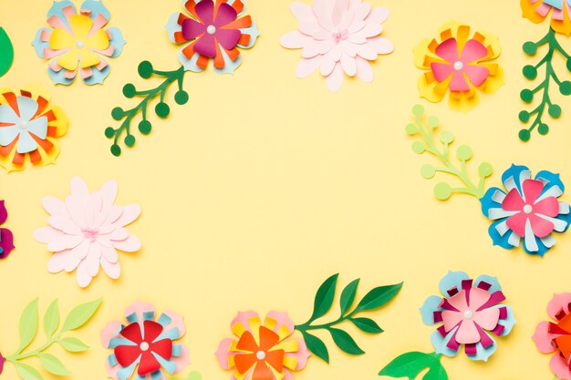 Top view of colorful paper flowers for spring