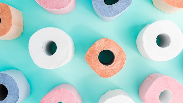 Top view colorful toilet paper rolls