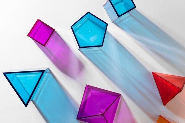 Top view of colorful translucent geometric shapes