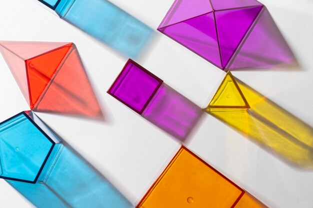 Top view of colorful translucent geometric shapes