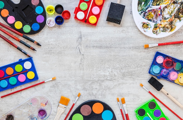 Top view colour tray palette and watercolor containers