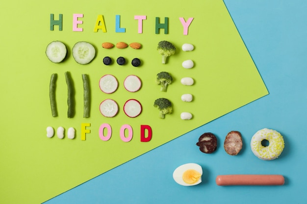 Top view comparison between vegetables and meat