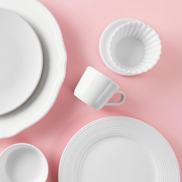 Top view composition of beautiful tableware on the table