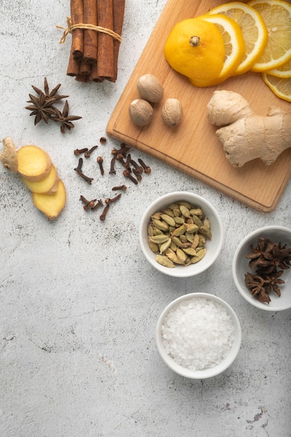 Top view composition of delicious food and ingredients