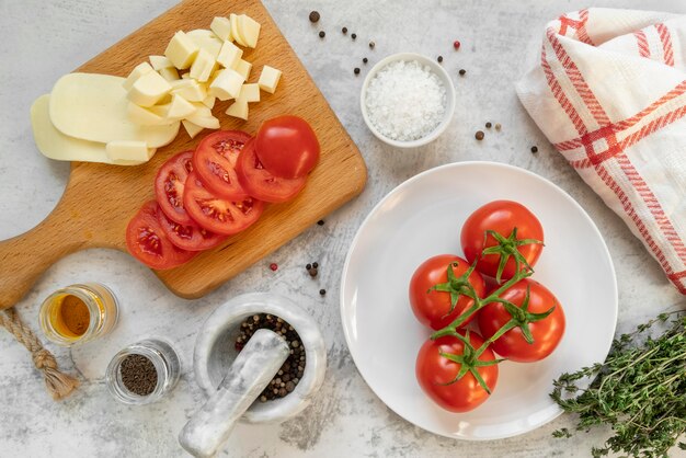 Top view composition of delicious food and ingredients