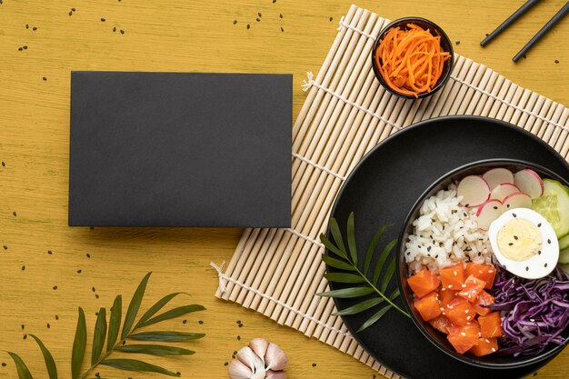 Top view composition of delicious poke bowl