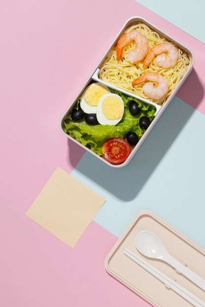 Top view composition of japanese bento box