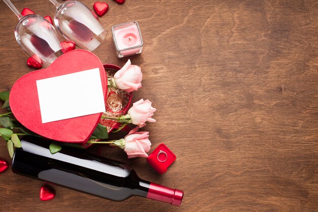 Top view composition with engagement ring and copy-space